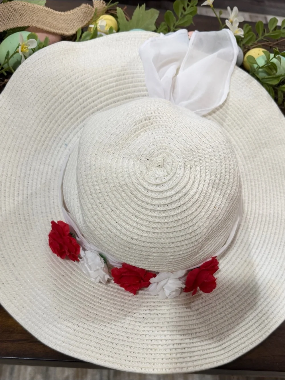 Disney Cream Sun Hat with Red & White Floral Trim
